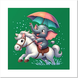 Little elephant carrying an umbrella riding a horse Posters and Art